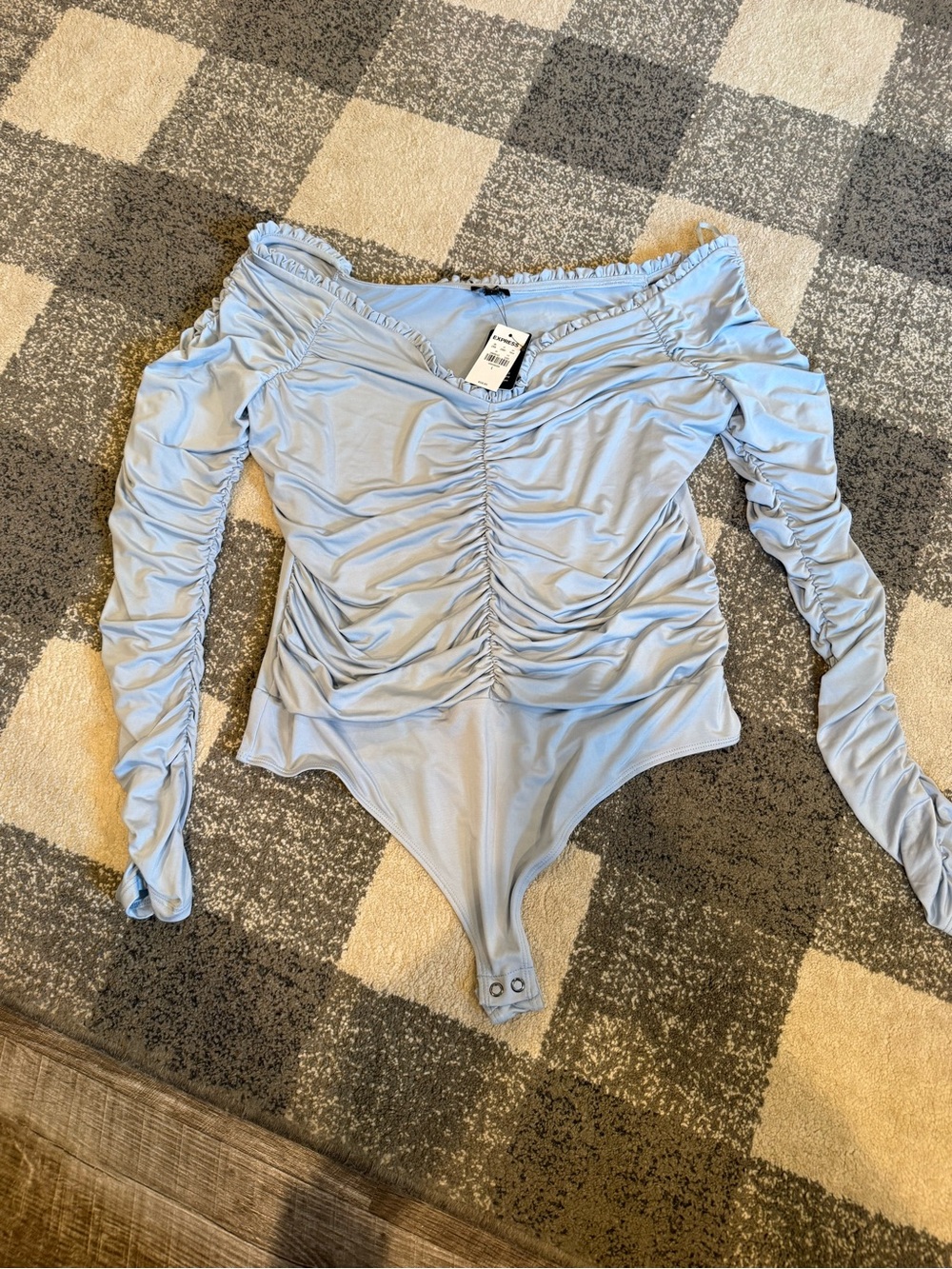 Express Light Blue Ruched Off-Shoulder Bodysuit